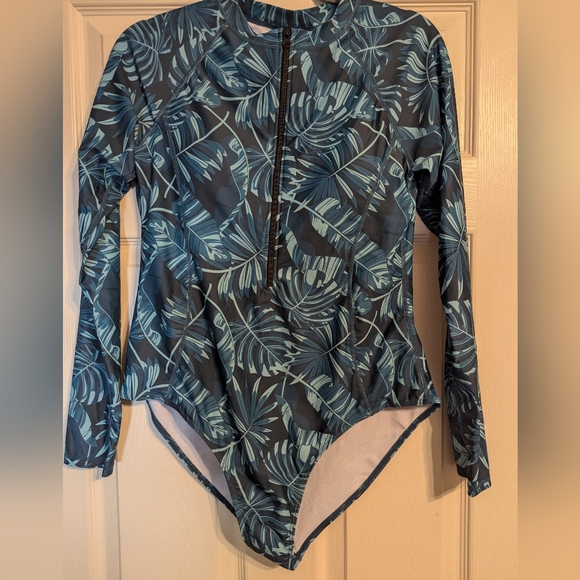 Blue Leaf Print Long Sleeve One Piece Swimsuit - Picture 1 of 7